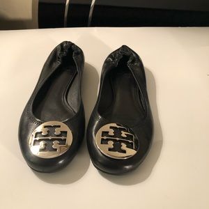 Tory Burch Black Flats with Gold Logo